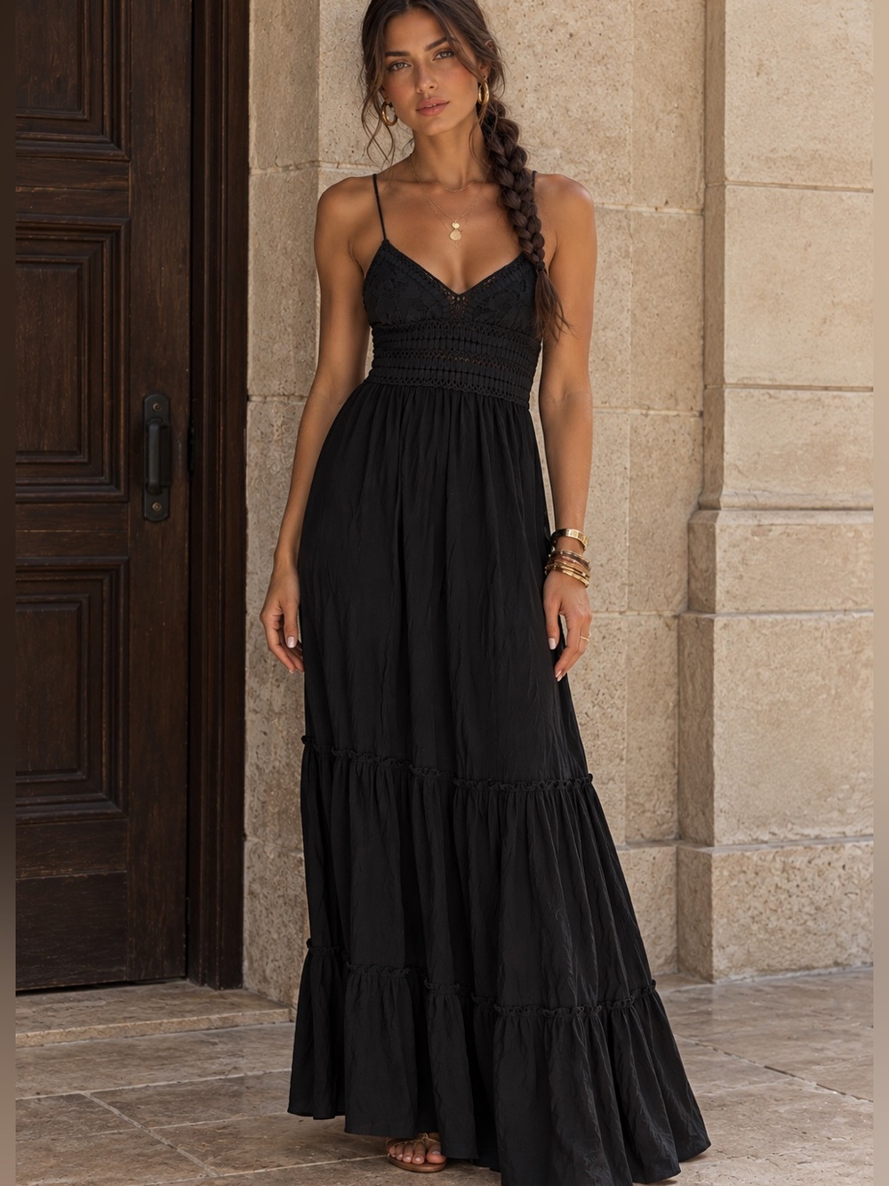 Jolie & Joy Black Crochet Bodice Maxi Dress